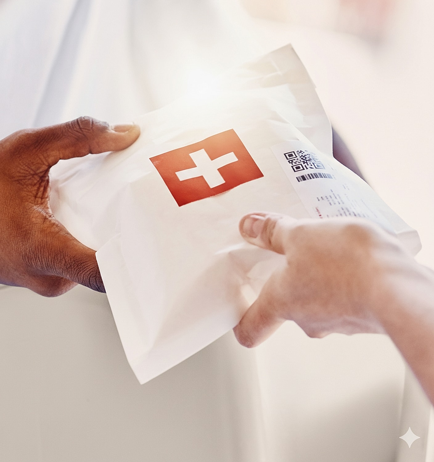 Person receiving a package with a red cross.