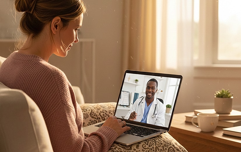 Woman consulting doctor via video call on laptop.