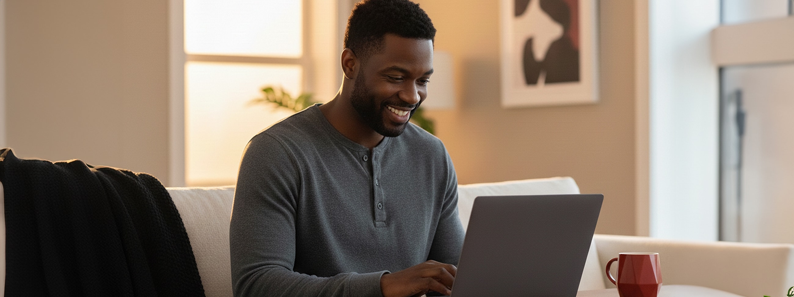 Person working on laptop, smiling in cozy setting.